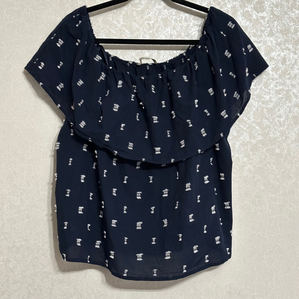 LOFT Ruffle Off The Shoulder Blouse 100% Cotton Embroidered Navy Blue Boho XL